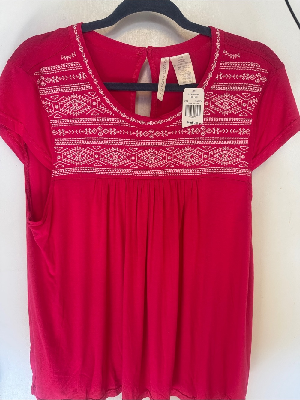 Forgotten Grace Women’s Short Sleeve Embroidered Pink Top